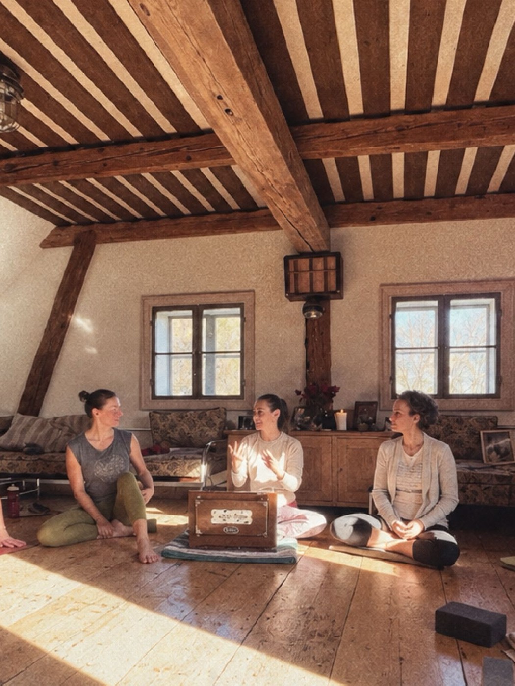 Účastnice Jivamukti Yoga Retreatu sedí na podlaze podkrovní světnice s harmoniem a rozmlouvají